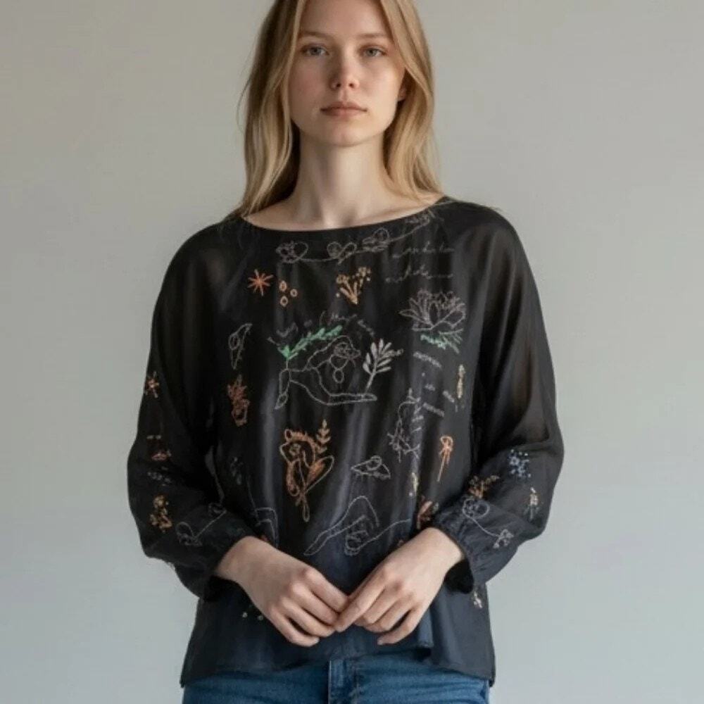 Johnny Was Silk Calme Yogi Embroidered Blouse